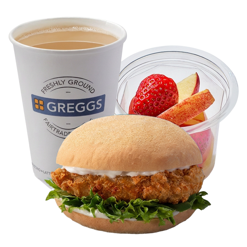 Mayo chicken burger, fruit pot