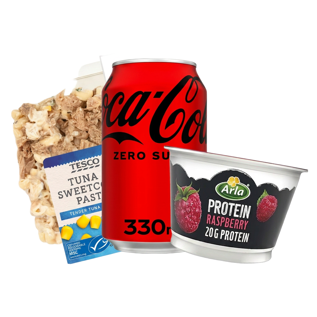 Tuna pasta, protein yogurt, Coke Zero
