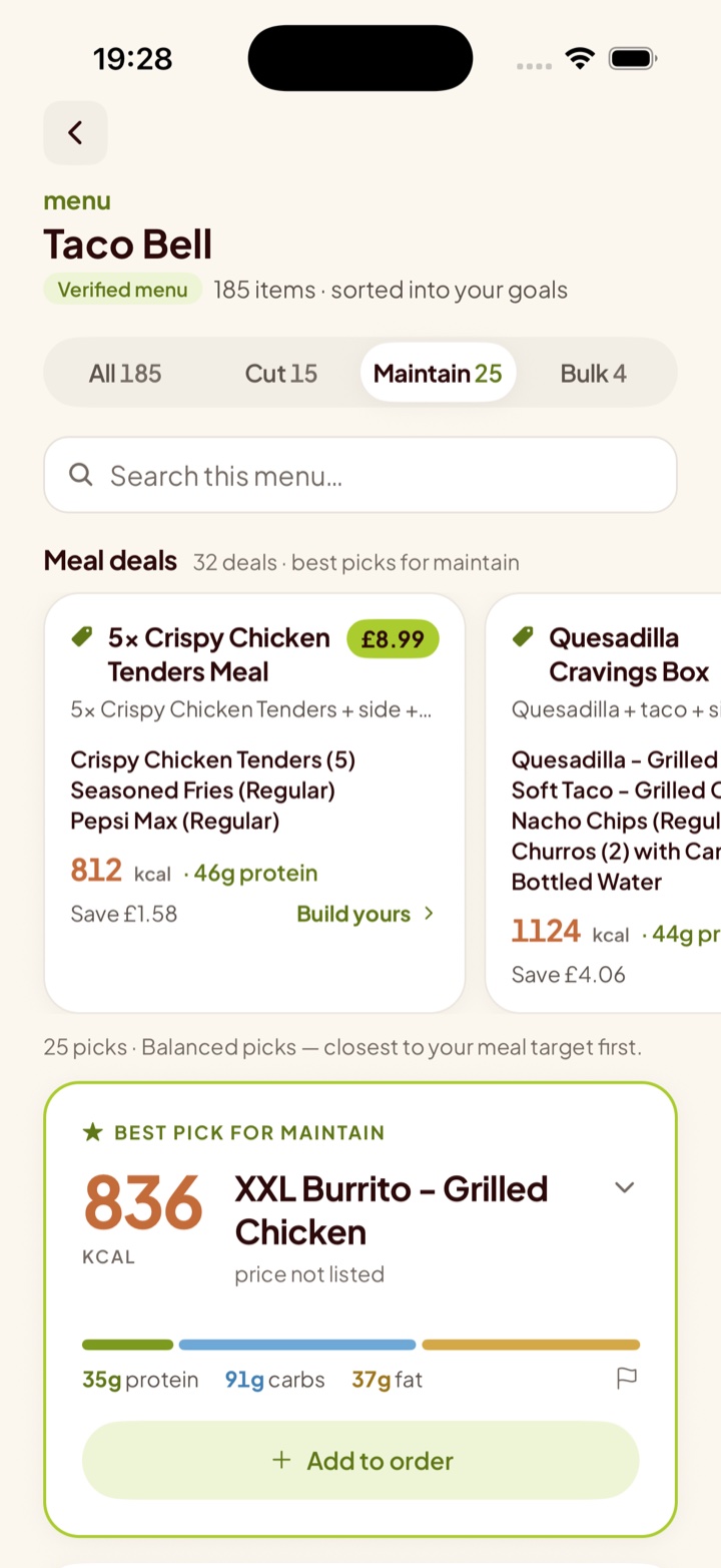 The Taco Bell menu in the app: 32 meal deals with their prices and savings, and the best pick for your goal with its calories and macros